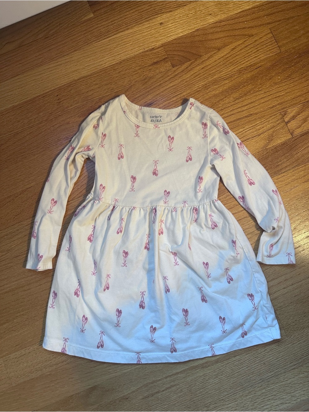 Carter's Cream Long-Sleeve Cotton Dress with Pink Ballet Shoe Print